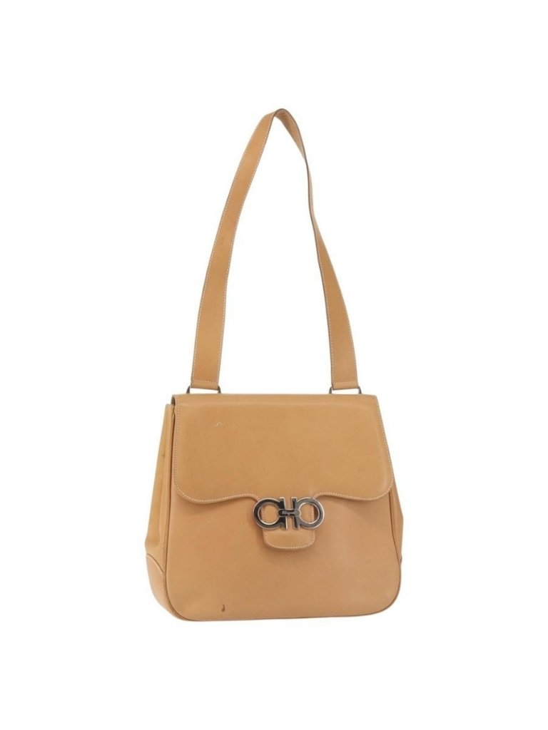 Authentic Salvatore Ferragamo Gancini Shoulder Bag Leather Brown Silver